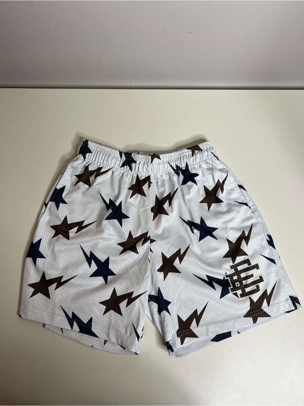 Eric Emanuel EE Mesh Basketball Shorts White Black Brown Star Print - Size Large